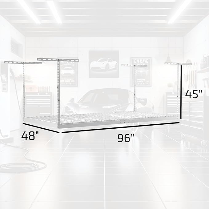 MonsterRax Overhead Garage Storage Rack - 4 x 8 Ceiling Shelving, Adjustable Hanging Racks, Color: White, 24"-45" Ceiling Drop.