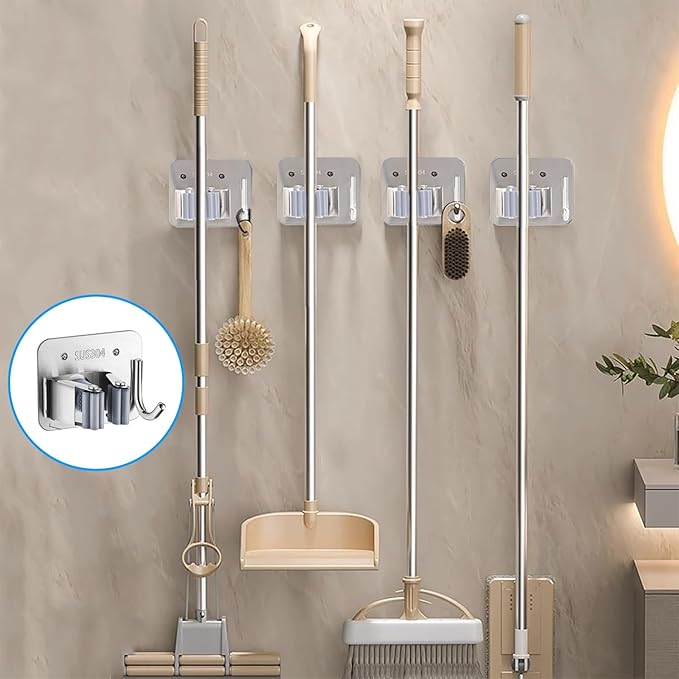 5 Pack Broom Holder Heavy Duty Stainless Steel Broom Hanger with Hooks Screw Drilling Rust Resistant Mop and Broom Holder Wall Mount for Bathroom Kitchen Laundry Room Garage - Silver