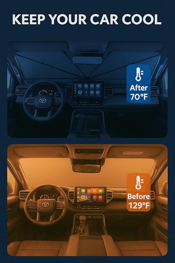 Proadsy Windshield Sun Shade Umbrella for Toyota Sequoia 2023-2025 2026 Foldable Car Umbrella Sunshade with Soft TPU Handle Spring Structure Crystal Cooling Material Protect Car from Rays & Heat
