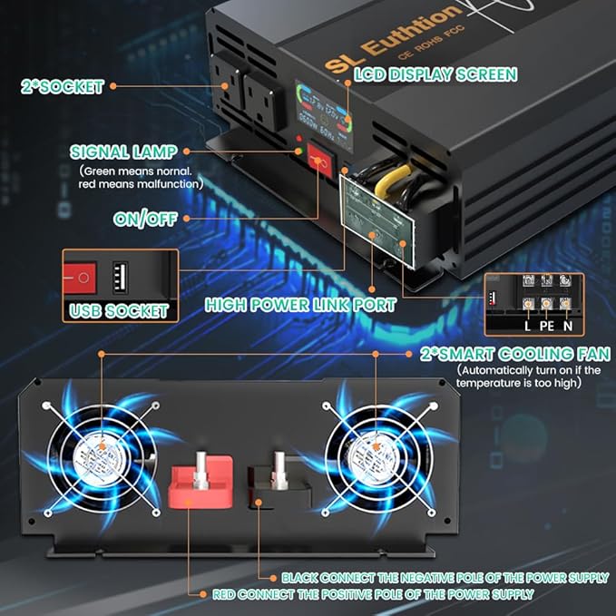 3000W/6000W(Peak) Pure Sine Wave Car Power Inverter 12V DC to 120V AC 60HZ with LCD Display, USB Port, Wireless Remote Control（10M) for Car Home Laptop Truck