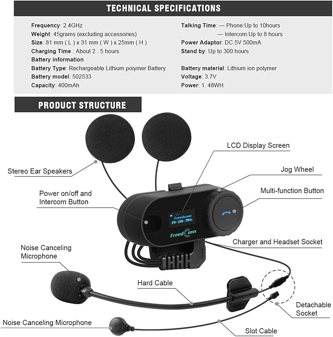 FreedConn TCOM-SC Motorcycle Helmet Bluetooth Intercom Headset Communication Systems Kit, for 2 or 3 Riders, LCD Screen/FM Radio/Mobile phone/MP3/GPS Connective/Range 800m / Handsfree (2 Set)