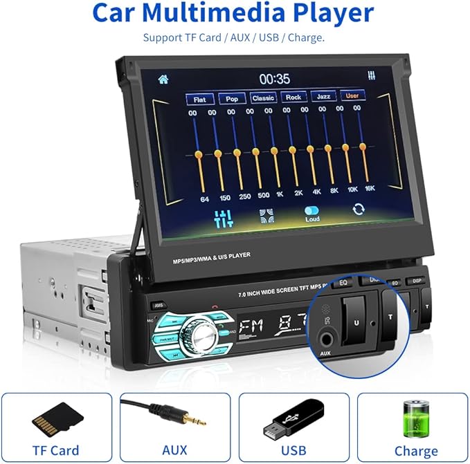 (Stable) Hikity Carplay Single Din Car Stereo, 7 Inch Flip Out Touch Screen Car Radio with Android Auto, Bluetooth, Mirror Link, Backup Camera, FM, USB, SWC, Voice Control Split Screen