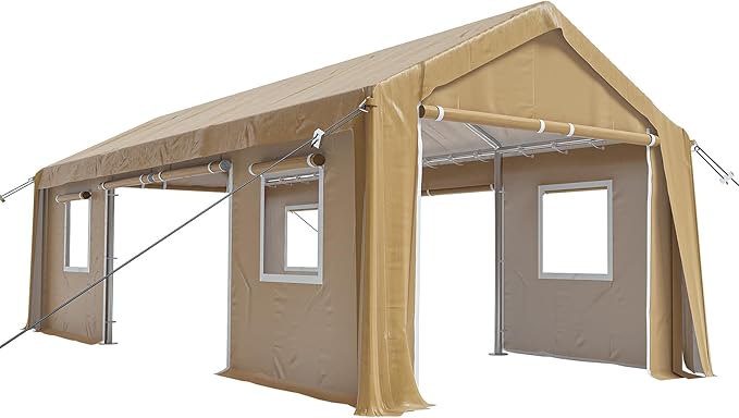 10x20ft Heavy Duty Carport Outdoor Canopy Portable Garage with 4 Doors & 4 Windows Waterproof UV Resistant Storage Shelter with Removable Sidewalls for Car Truck Boat, Earthy Yellow