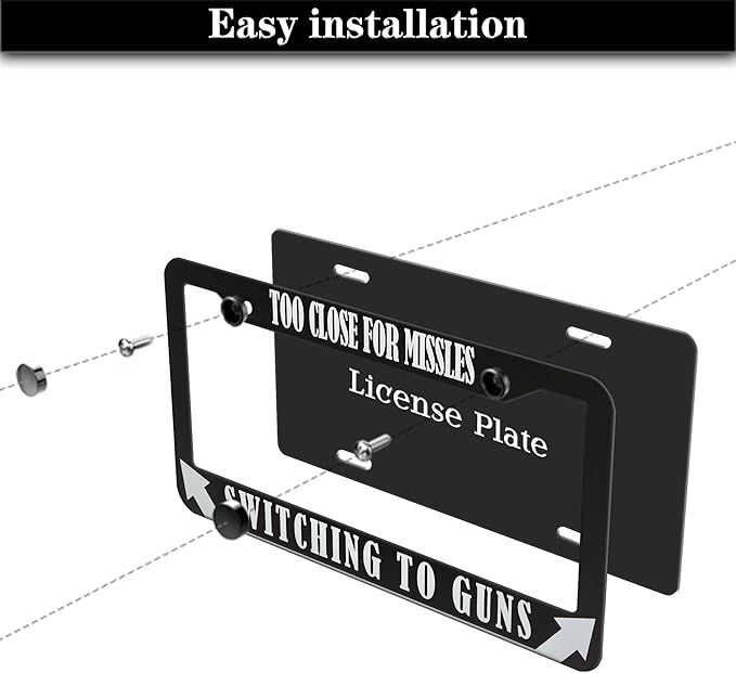 License Plate Frames Black and White License Plate Cover Too Close Missiles Switching to Guns Aluminum Metal Car Accessory 2 Pack with Screw Covers Set