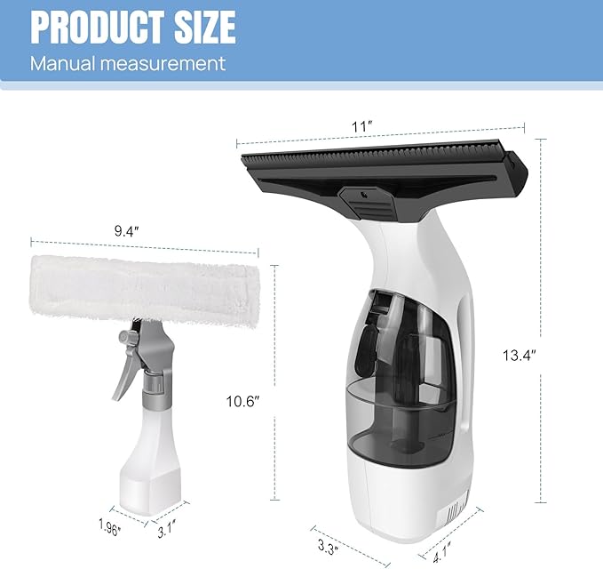 Handheld Window Vacuum Cleaner, Small Rechargeable Window Vacuum Cleaner with Multi-Function Spray Bottle and Microfiber Cloth for Windows, Tiles, Mirrors, countertops and car windshields.