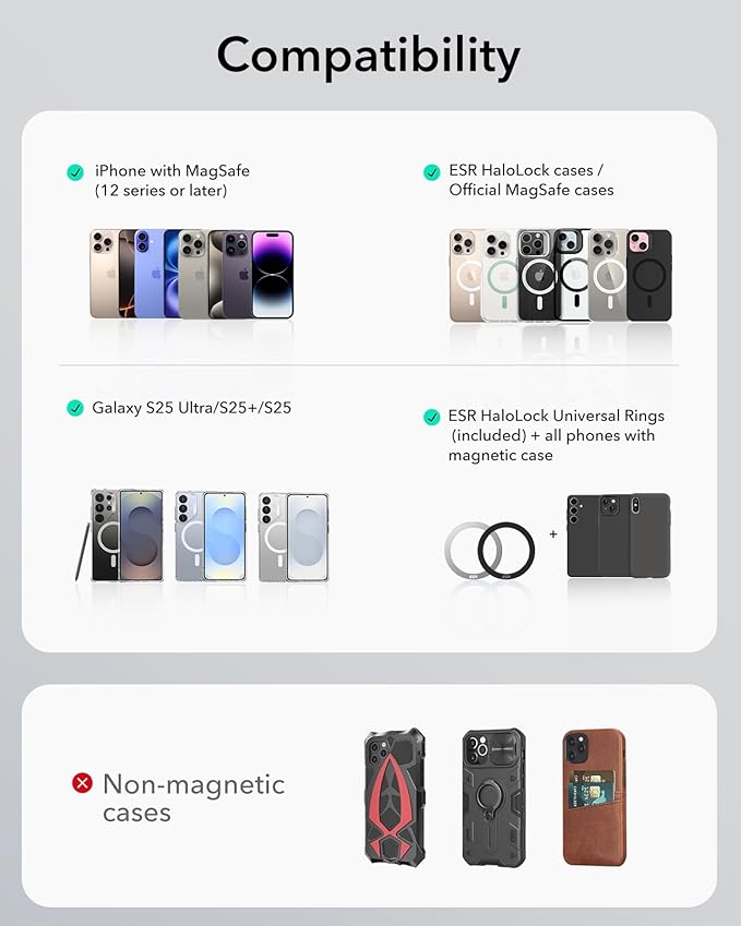 ESR for MagSafe Car Mount, Air Vent/Dashboard Magnetic Phone Holder for Car,Car Phone Holder Mount for iPhone 16/16e/15/14/13/12/Samsung, All Smartphones(2 Metal Rings included),Charging Not Supported