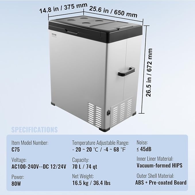 VEVOR 12 Volt Car Refrigerator Fridge, 70Liter(74qt) Single Zone Portable Freezer, -4℉-68℉ Adjustable Range, 12/24V DC and 100-240V AC Compressor Cooler for Outdoor, Camping, RV, Silver