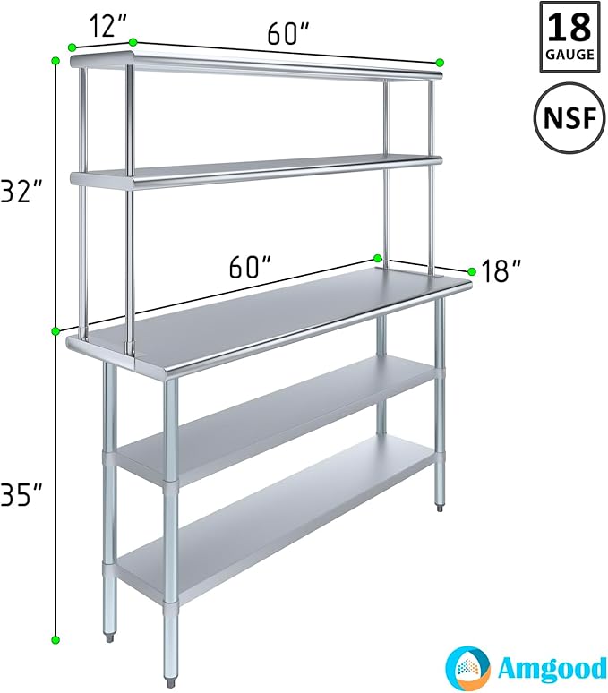 Amgood Stainless Steel Work Table with 2 Shelves | Metal Kitchen Prep Table & Shelving Combo (18" x 60" Table with 2 Shelves + 12" Overshelf)