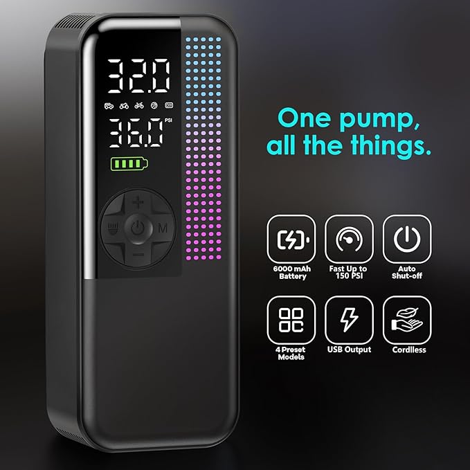 Tire Inflator Portable Air Compressor, 150 PSI Cordless Air Pump, Dual Power 6000mAh, 12V DC Car Plug, Fast Inflation 24L/Min, Auto Shut-Off, LED Light, 4 Preset Modes for Car, Bike, Motorcycle, Balls