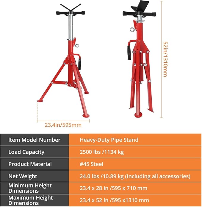 V-Head Pipe Jack Stand, 2500 Lbs Heavy-Duty Steel Pipe Stand with Adjustable Height 28"-52", Folding Design & Secure V-Head Support for Welding, Automotive & Construction Projects, Red
