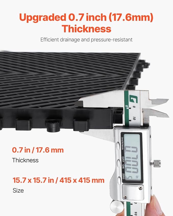 VEVOR Interlocking Drainage Mat, 15.7” x 15.7” Modular Interlocking Cushion, 24 Pcs Splicing Drainage Mats, Non-Slip Black PP Drainage Floor Tile and Shower Mat, for Garage, Garden, Kitchen & Outdoor