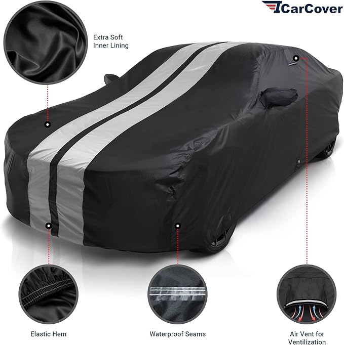 iCarCover Custom Car Cover Compatible with Camaro 2010-2023, Waterproof All Weather Rain Snow UV Sun Protector Full Exterior Indoor Outdoor Car Covers, Stripe (Black/Gray)
