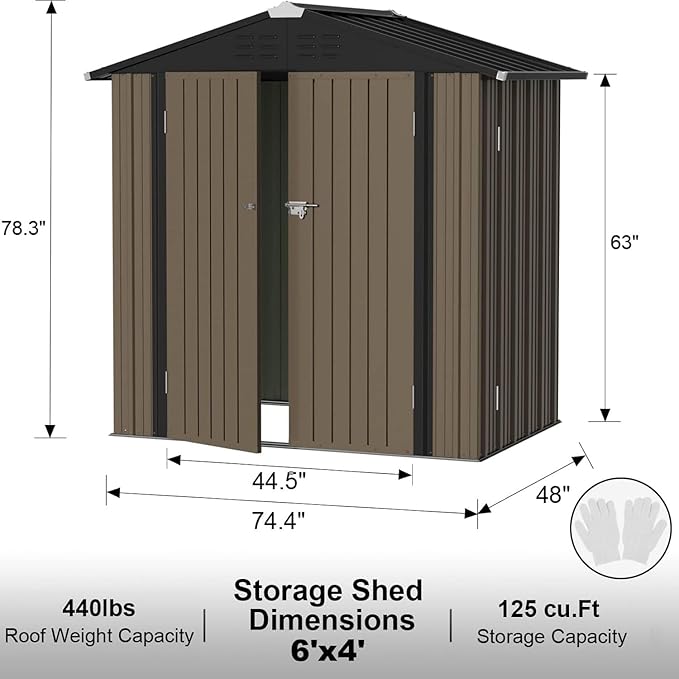 JUMMICO Metal Outdoor Storage Shed 6 x 4 FT Metal Shed with Lockable Door,Waterproof Garden Tool Shed Storage House for Backyard Patio Lawn,Brown