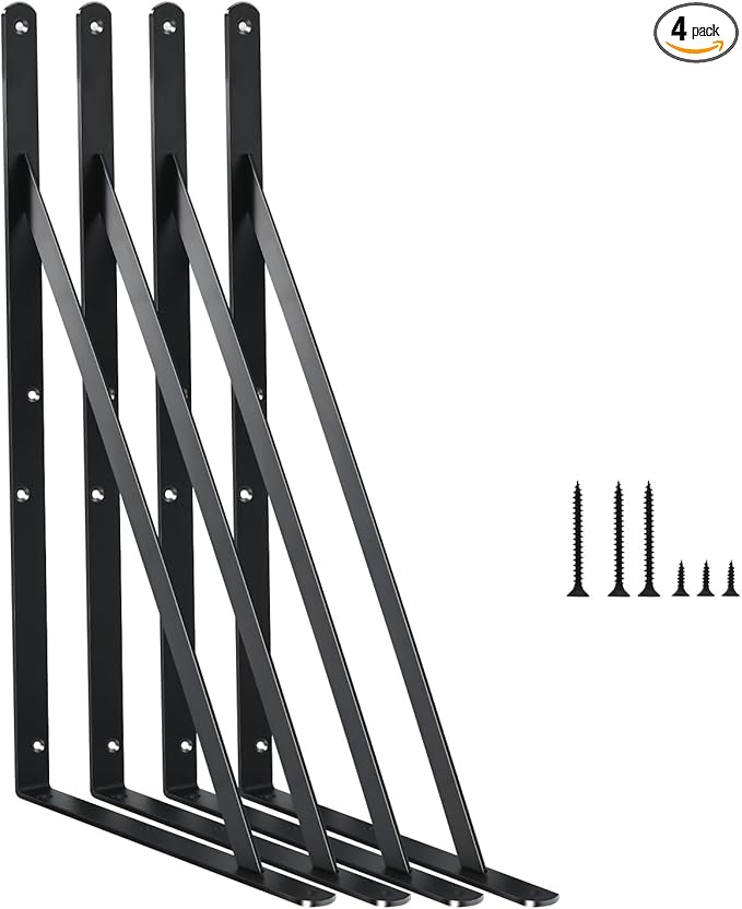 4 Pack L16 x H 10" Black Heavy Duty Shelf Brackets with Screws Metal Shelf Brackets Shelf Support Angle Brackets for Shelves L Brackets Heavy Duty Floating Shelf