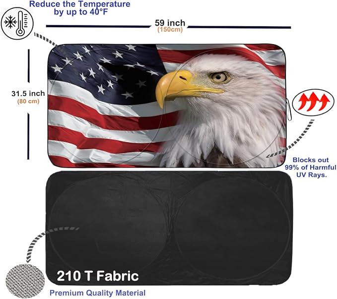 Gven Car Shade Patriotic Car Sun Shade with USA Flag Car Front Windshield Shade for Heat Protection Patriotic Car Accessories American Flag for Car Pickup Truck SUV (Flag, S)