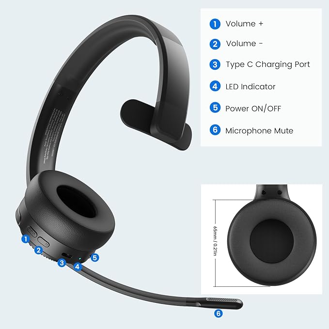 EKSA H3 Trucker Bluetooth Headset V5.4, Wireless Headphones with Mic Noise Cancelling, Mute Button & Replacement Ear Cushion, 65Hrs Driver Bluetooth Headset for Cellphone Office Work
