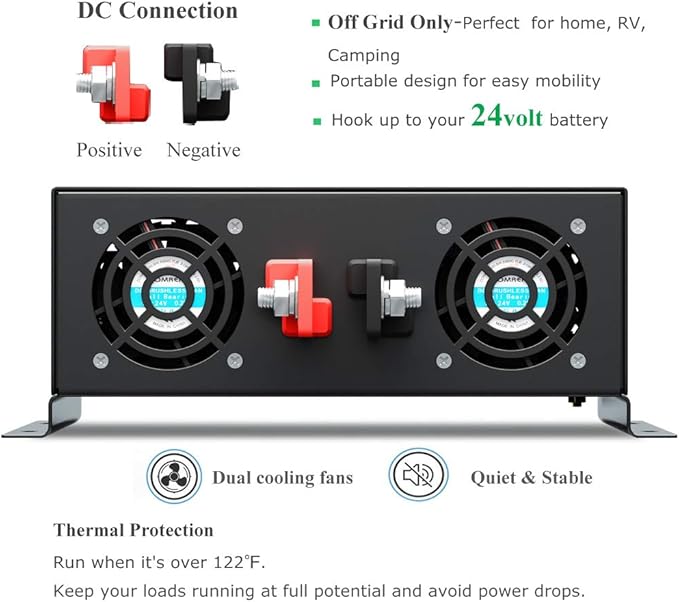 WZRELB 5000W 24V High Efficiency Solar Power Off Grid DC Voltage Converter Pure Sine Wave Inverter Dual 120V AC Outlets