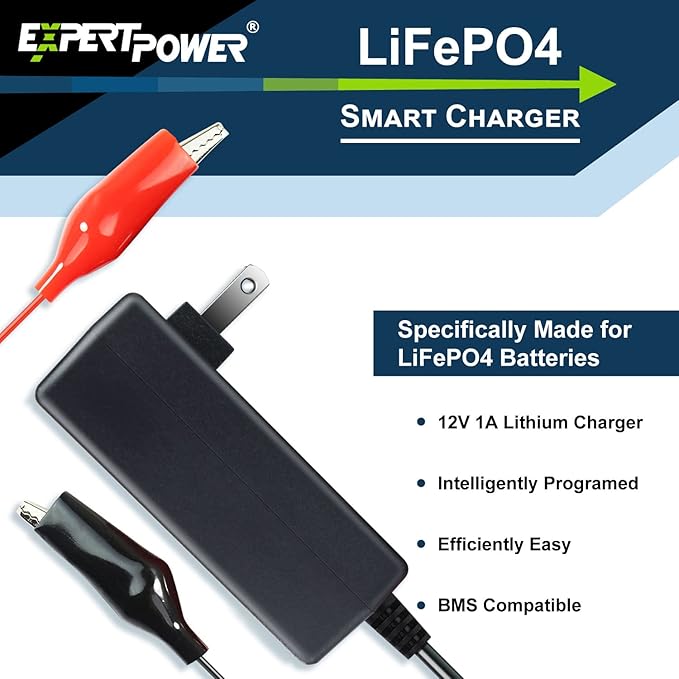 ExpertPower 12V 1A Smart Charger for Lithium LiFePO4 Deep Cycle Rechargeable Batteries | DC 5521 Male & Alligator Clips | Kids Ride on Toy Car | Best Choice, Wrangler SUV, Dynacraft