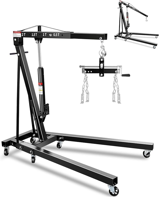 2-Ton Folding Engine Hoist with Lever, Hydraulic Shop Crane with 6 Swivel Wheels & Adjustable Boom (0.5T-2T), Heavy-Duty Cherry Picker for Garage, Workshop, Truck, Farm (Net Wt. 168 lbs)
