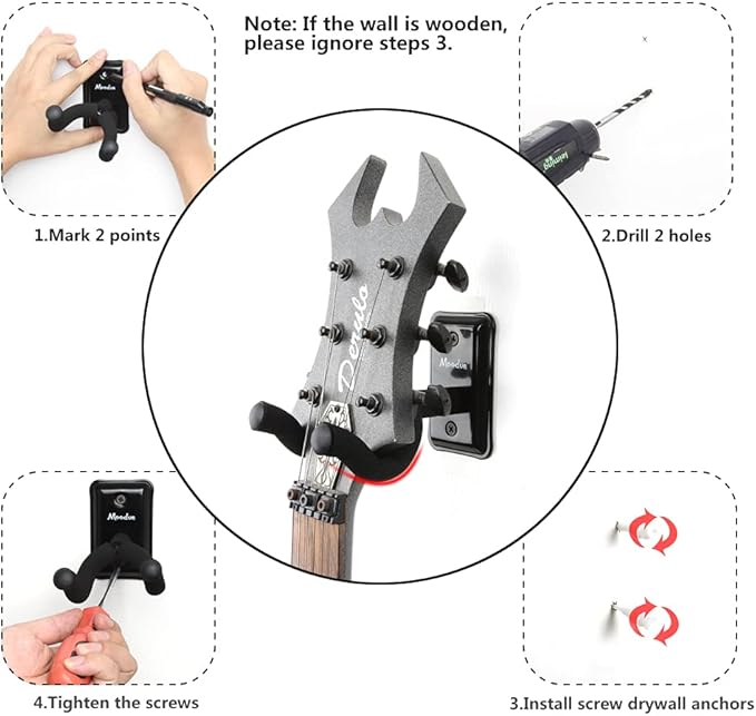 Guitar Wall Mount Hanger, 4-Pack Real Hardwood Guitar Hanger for Wall, Guitar Hook Holder Stand for Bass Electric Acoustic Guitar Ukulele (Black Metal)