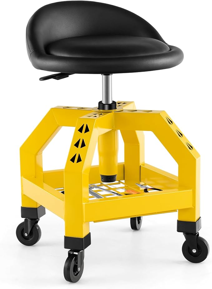 S AFSTAR Shop Stool with Wheels, Height Adjustable Garage Stool with 4 Universal Wheels & Tool Tray, 330 LBS Capacity, Heavy Duty Creeper Chair Seat Rolling Mechanic Stool for Garage Workshop (Yellow)