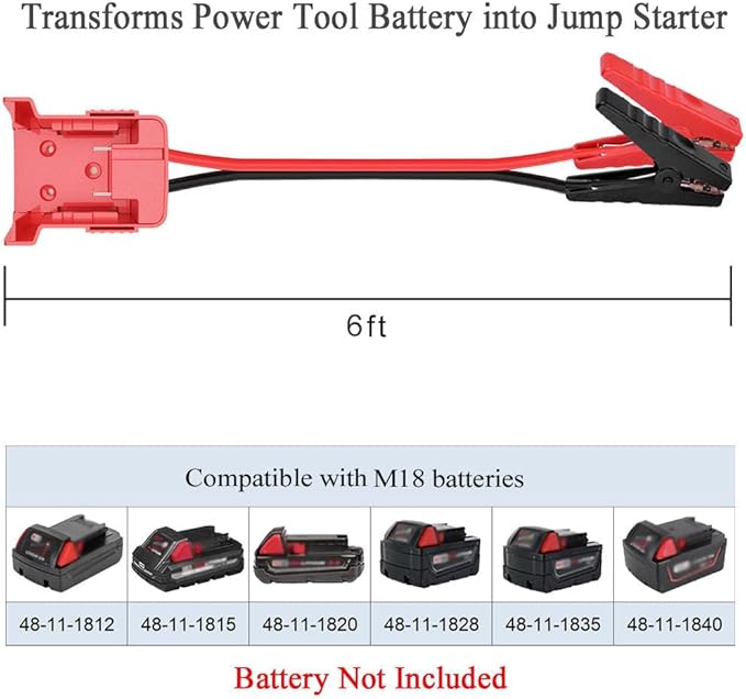 Jumper Cable Clamps Compatible with Mil.waukee M18, Silicone wire 6FT 8AWG Cable,18V Battery Jumper Starter for Mid-Size Cars Light Trucks Car Jump Starting Using Tool, 392 ℉ (200℃)