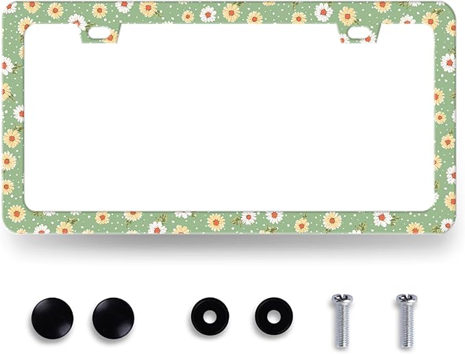 Cute Daisy Floral License Plate Frame Beautiful Flowers License Plate Holder for Personalized Car Decorative Stainless Steel Colorful License Plate Daisy Auto Part with Screws 12.2" x 6.2"