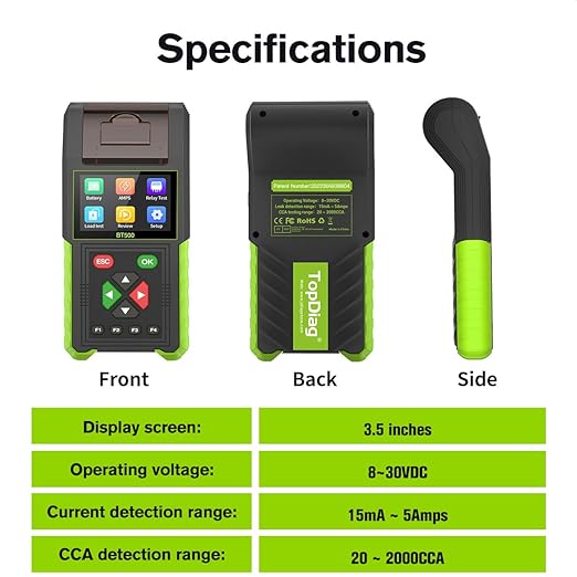 Automotive Battery Tester with Printer, 12V 24V Car Battery Load Tester and Alternator Tester, 20-2000 CCA Battery Capacity Tester, Relay Tester, Leakage Test for Heavy Duty Truck, BT500