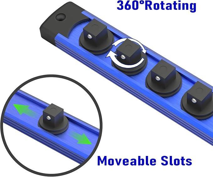 Magnetic Socket Holder Organizer Set, 6-Piece Heavy Duty Aluminum Alloy Socket Holder, 360° Swivel 1/2, 3/8, 1/4-Inch Socket Trays Socket Organizer Holds 80-Piece Standard Size Sockets