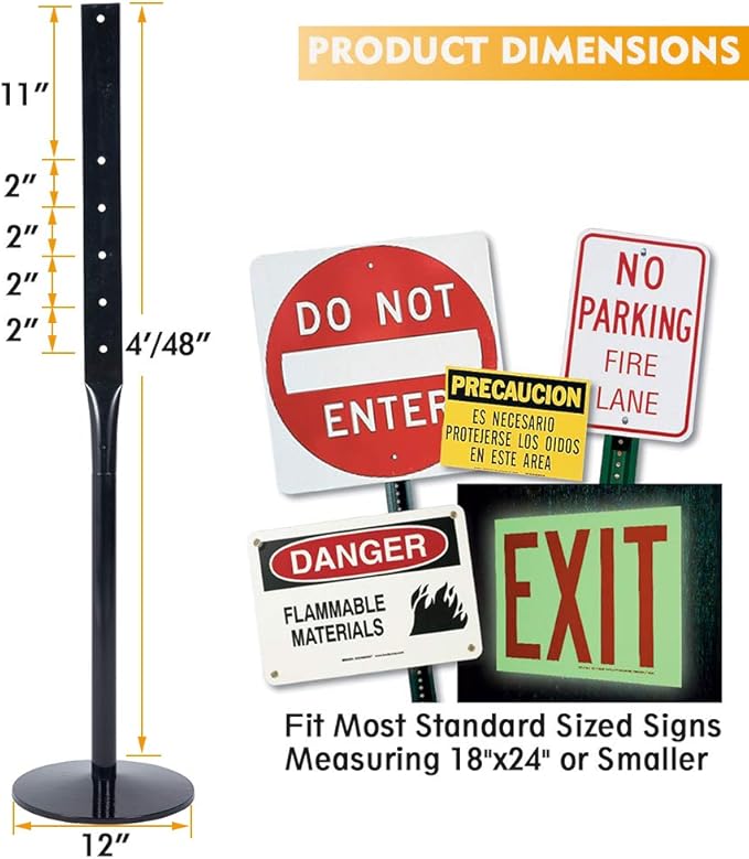 Heavy Duty Cast Iron Sign Post and Base Kit - 12" DIA Stand with 48" Post and Bolts & Nuts for Hanging Signs, Portable Sign Holder for Parking and Recreational Use