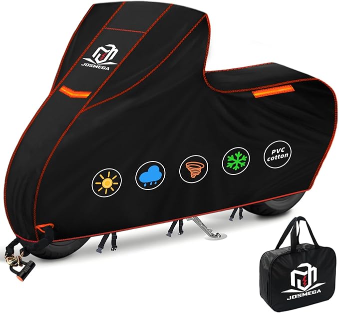 Motorcycle Cover | Heavy Duty PVC | Soft Inner Cotton | Waterproof Outdoor | All Season Universal | 4 Reflective Strips | 3 Windproof Straps | 1 Lock Hole | 1 Storage Bag | (Black, L, 91")