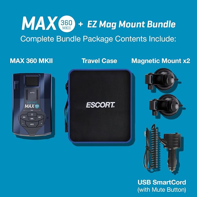 Escort MAX 360 MKII Radar Detector with EZ Mag Mount - Exceptional Range, True 360° Awareness, AutoLearn Intelligence Rejects False Alerts, Sleek Magnetic Mount for Escort Models