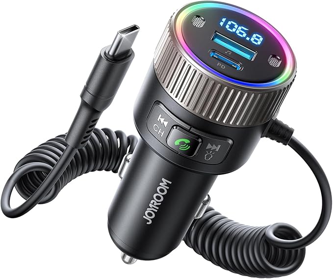 JOYROOM Bluetooth 5.4 FM Transmitter for Car, [60W PD 3.0] Bluetooth Car Adapter Fast Charging with USB C Cable, Cigarette Lighter Radio Music Adapter, Hands-Free Calling, Light Control, USB Drive