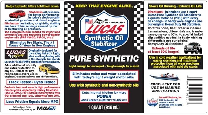 Lucas Oil 10130 Pure Synthetic Oil Stabilizer - 1 Quart (Pack of 12)