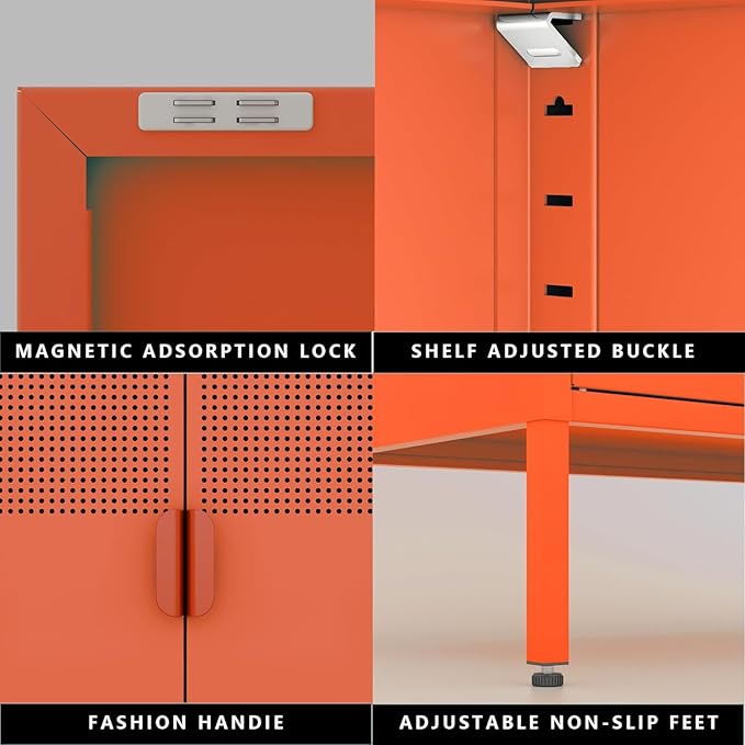 2 Door Accent Cabinet,Orange Metal Storage Cabinet with Adjustable Shelf,2-Tier Shelf,Multipurpose Metal Locker Storage for Office Home,Music Studio (Orange)