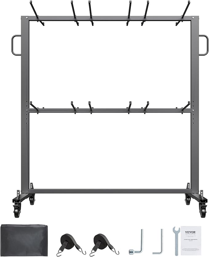 VEVOR Folding Chair Rack, 800 LBS Capacity, Heavy-Duty Chair Cart for 84 Chairs/ 12 Tables+42 Chairs, Dual-Layer Chair Storage Dolly with Rubber Wheels and Holders, Large Chair Holder, Matte Black