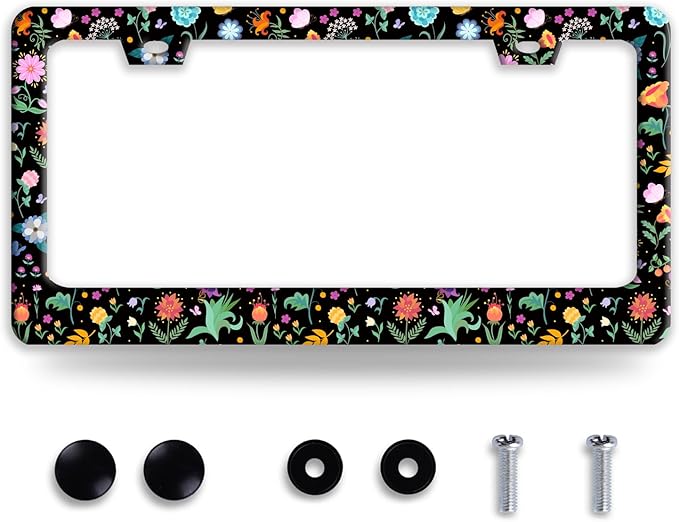 Colorful Flowers License Plate Frame Folk Art Floral License Plate Holder Funny Stainless Steel Accessories Cars Decor with 2 Holes and Screws Fits Standard Us Ca Vehicles 12.2 X 6 Inch