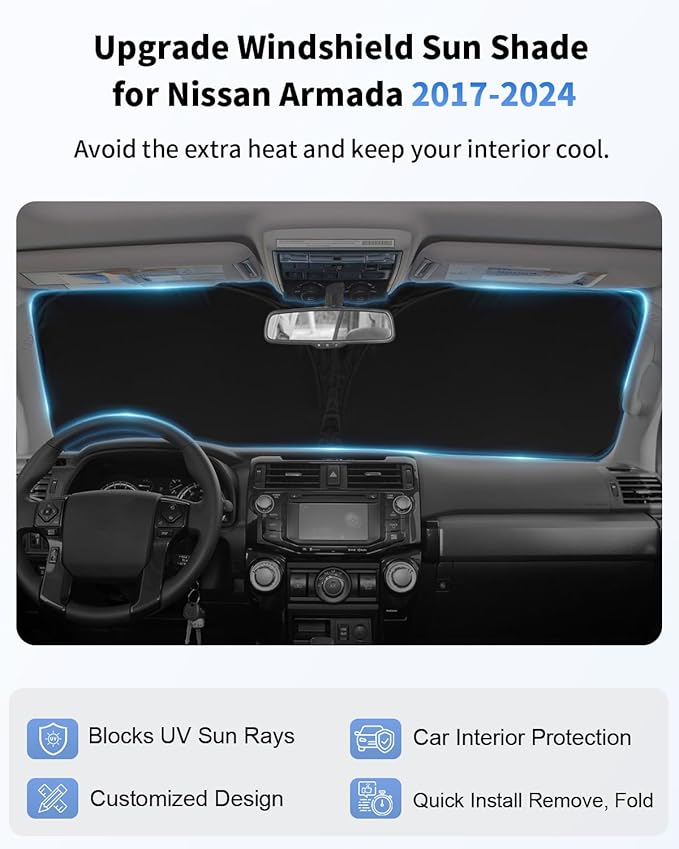 for Armada Windshield Sun Shade Custom Fit for 2017-2024 2025 Nissan Armada Accessories Sunshade 2-Layer Front Window Sun Visor Shield Protector Foldable Blocks UV Rays