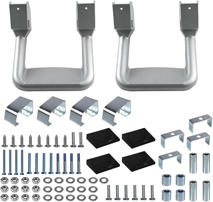 RULLINE Silver Powder Coated Truck Side Step Set - 2 Pieces (1 Pair) with Mounting Brackets - Compatible with Chevy (Chevrolet), Ford, Toyota, GMC, Dodge RAM, and Jeep Trucks