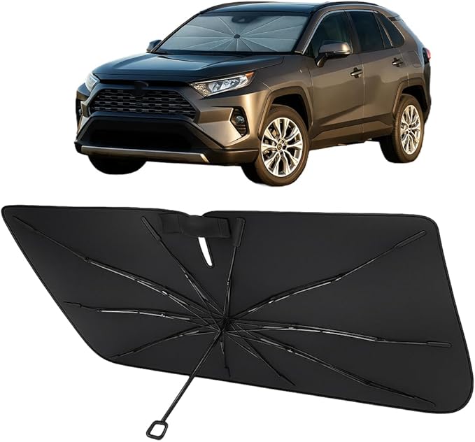 Proadsy Windshield Sun Shade Umbrella for Toyota RAV4 2019-2025 2026 Foldable Car Umbrella Sunshade with Soft TPU Handle Spring Structure Crystal Cooling Material Protect Car from Rays & Heat
