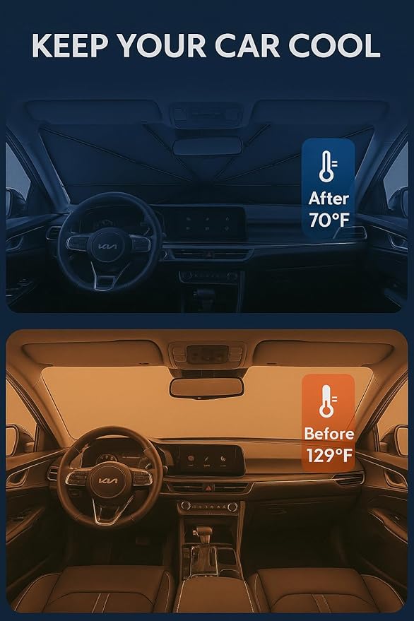 Proadsy Windshield Sun Shade Umbrella for Kia K5 2021-2025 Foldable Car Umbrella Sunshade with Soft TPU Handle Spring Structure Crystal Cooling Material Protect Car from Rays & Heat