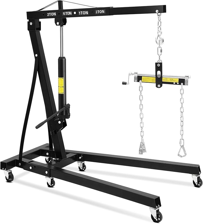 2 Ton Hydraulic Engine Hoist with Lever Stabilizer , Cherry Picker Engine Hoist, 4400LBS Heavy Duty Garage Crane with 6 Swivel Casters & Adjustable Telescopic Boom, for Auto Repair & Workshop (Black)