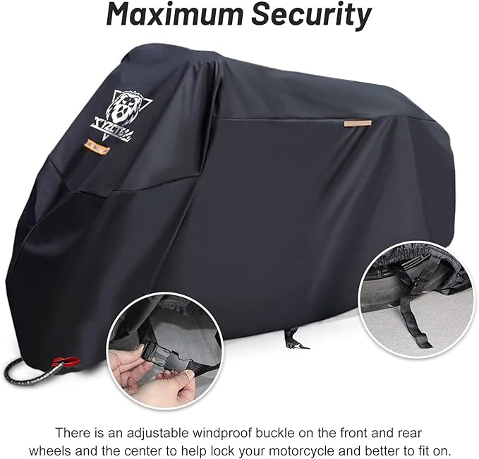 XYZCTEM Motorcycle Cover -Waterproof Outdoor Storage Bag,Made of Oxford Material Fits up to 96 inch, Compatible with Harley Davison and All Motors(Black& Lockholes& Professional Windproof Strap)
