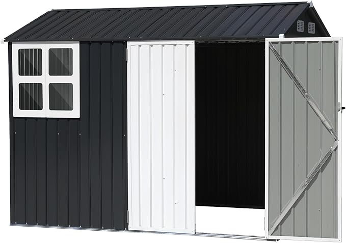 Verano Garden 8x6FT Outdoor Storage Shed, Galvanized Steel Metal Garden Shed with Large Window, Lockable Double Door, Outdoor Tool Shed for Backyard, Patio, Lawn(96.65"x71.85"x77.56")