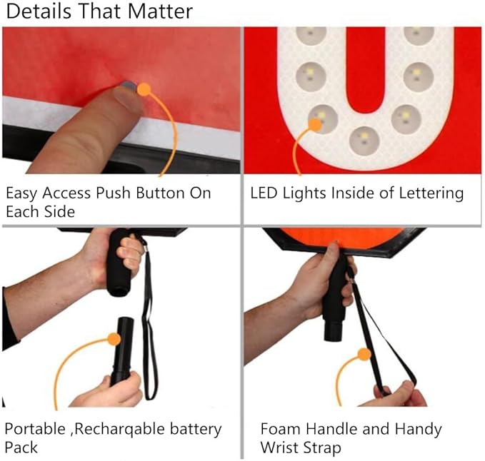 18" LED Stop/Slow Paddle, Reflective Hand Held Stop Sign with Handle, Steady/Flashing Light Modes