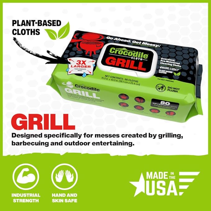 Crocodile Cloth Grill - 8 pack. 640 (15" x 10") Plant-based Cleaning Wipes. Safe on Skin & Multiple Surfaces. Infused with Aloe & Vitamin E. Large, Pre-Moistened & Absorbent.