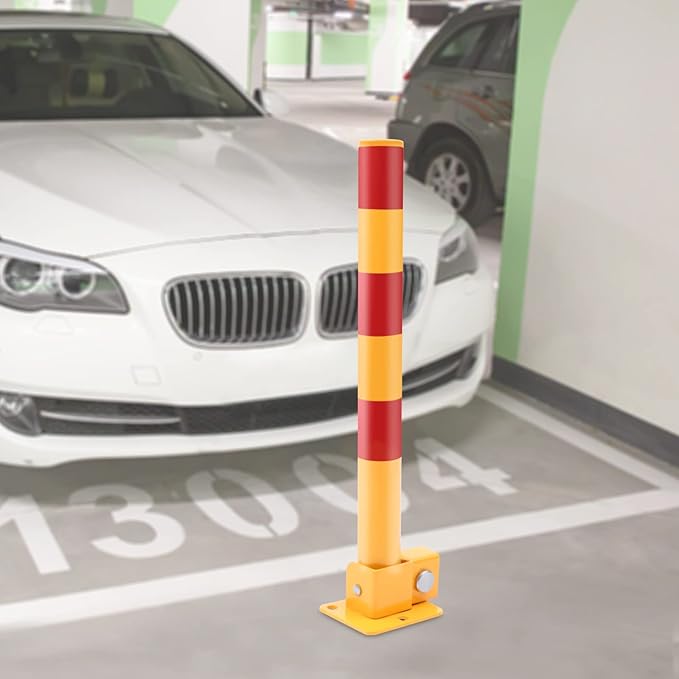 23In Q195 Iron Pipe Safety Bollard Yellow & Red Parking Barrier, Automatic Locking Folding Metal Post with Warning Stripes for Lots, Storefronts, Entrances