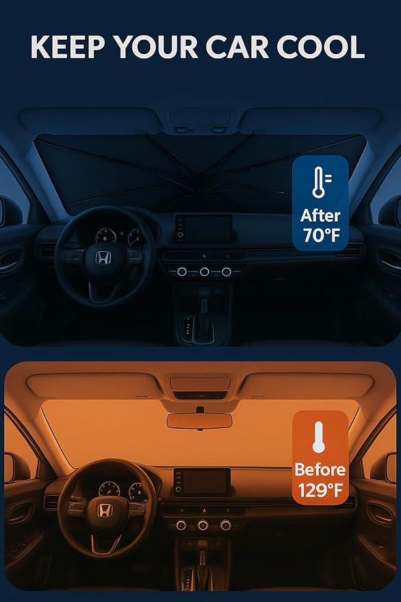 Proadsy Windshield Sun Shade Umbrella for Honda HRV HR-V 2024-2025 Foldable Car Umbrella Sunshade with Soft TPU Handle Spring Structure Crystal Cooling Material Protect Car from Rays & Heat