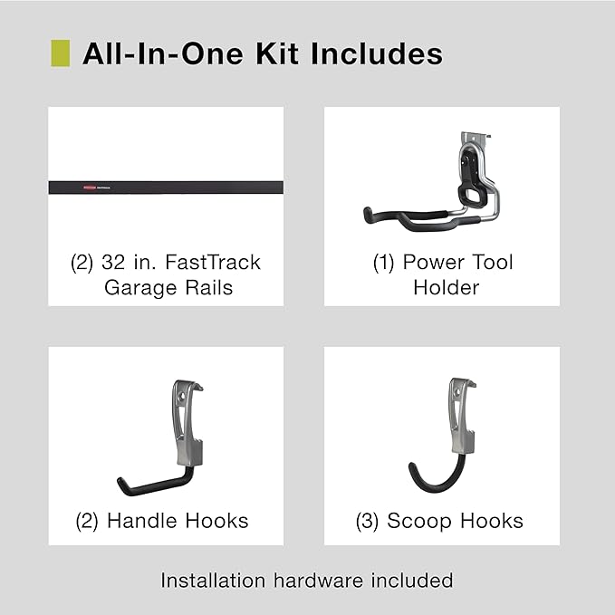 Rubbermaid Garage FastTrack 8-Piece Small Kit Black/Grey All-in-One Rail & Hook Wall Hanging Kit Wall Mounted Storage Solution for Home/Garage