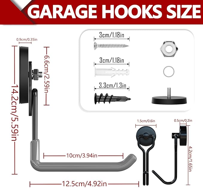 3-H Heavy Duty Magnet Garage Hooks 2 Pack, Extra Large Strong Magnetic Hooks for Hanging Cordless Power Drill, Utility Magnetic Tool Holder for Metal Cabinet, Steel Pegboard, Toolbox, Garage(Grey)